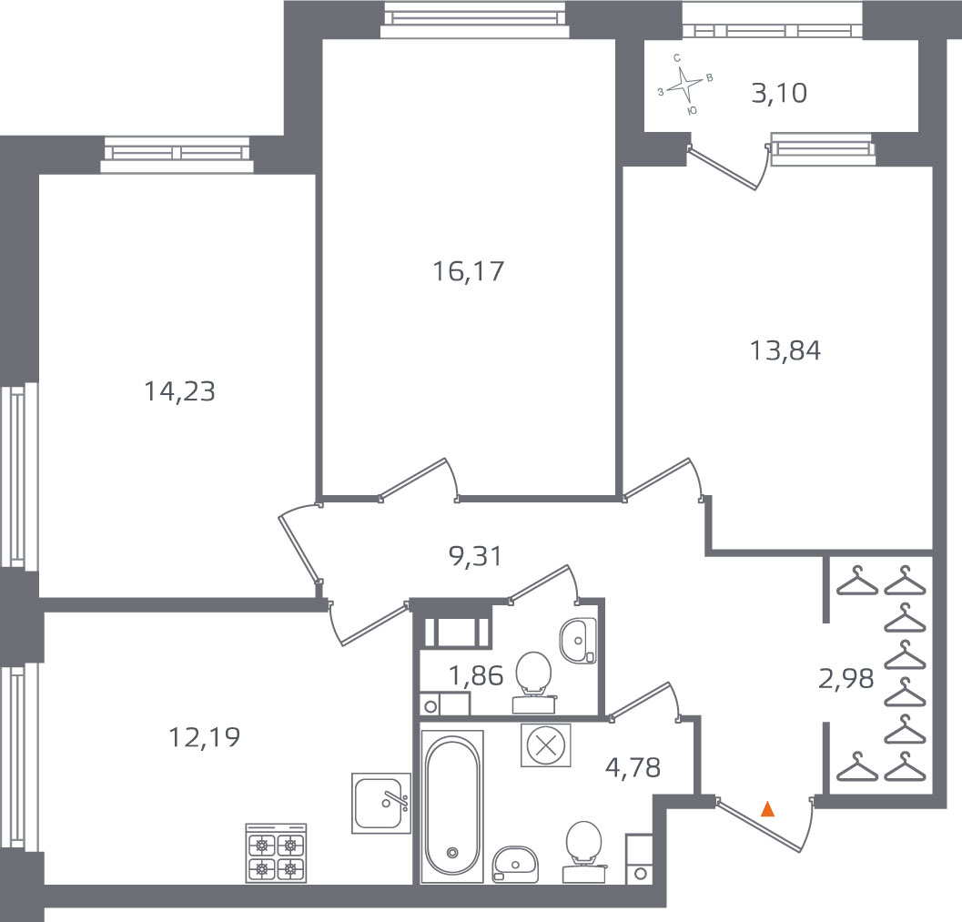 3 комн. квартира, 75.4 м², 4 этаж 