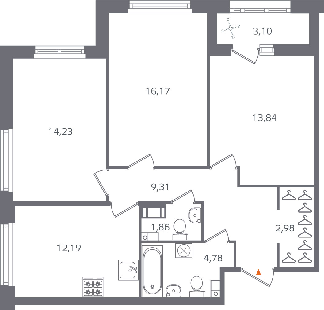3 комн. квартира, 75.4 м², 7 этаж 