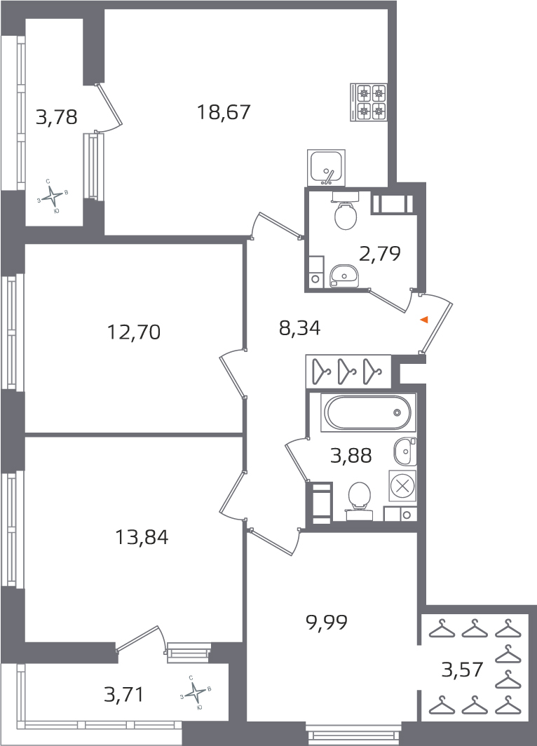 3 комн. квартира, 73.8 м², 4 этаж 
