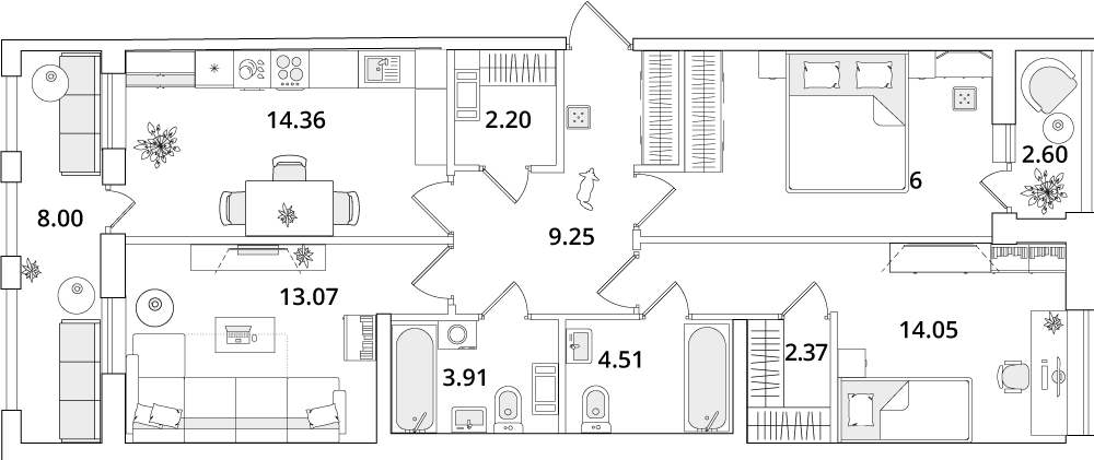 3 комн. квартира, 85.1 м², 9 этаж 