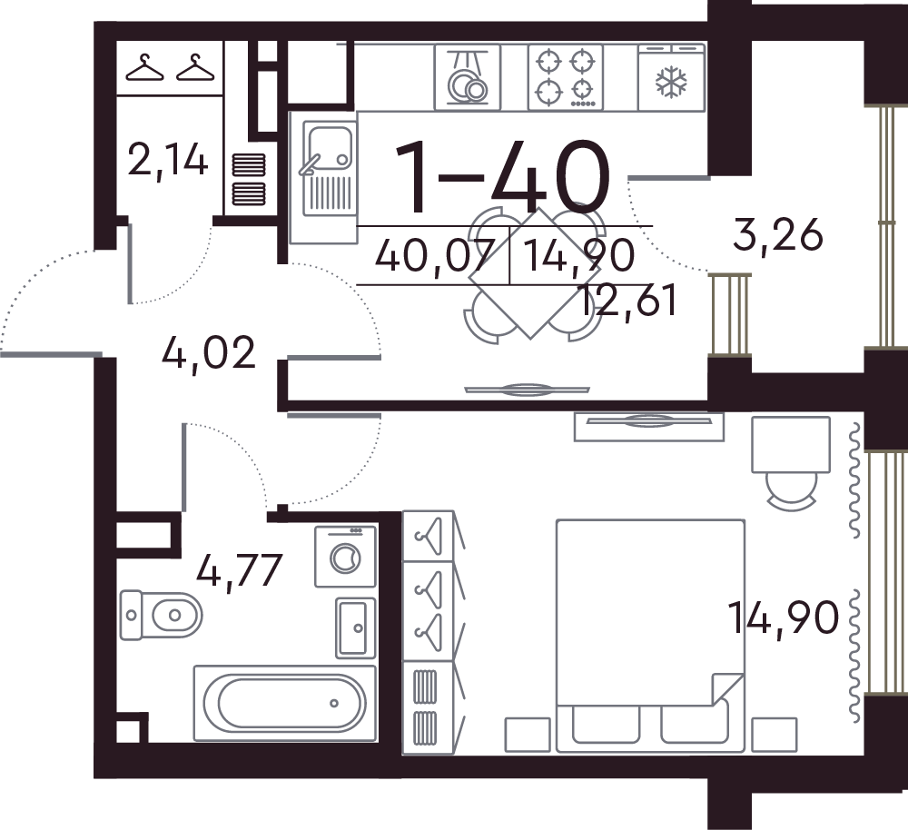 1 комн. квартира, 40 м², 8 этаж 
