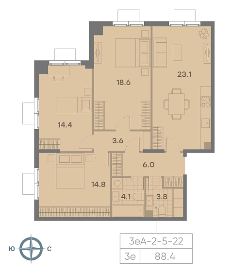 2 комн. квартира, 88.4 м², 21 этаж 