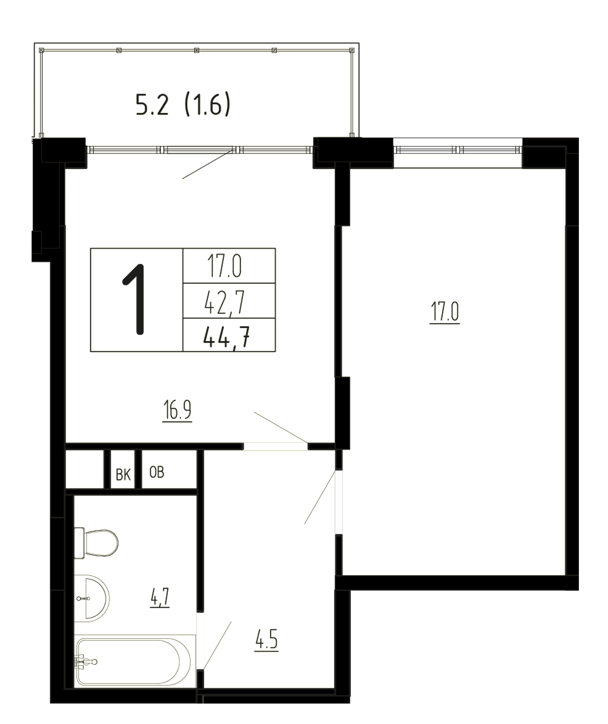 1 комн. квартира, 44.7 м², 2 этаж 