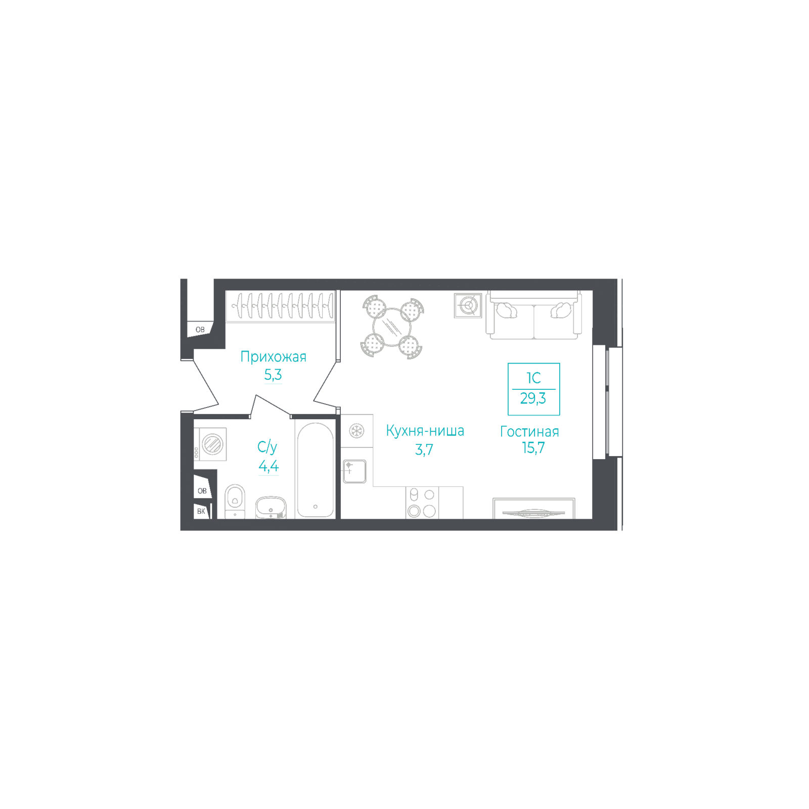 студия, 29.3 м², 4 этаж 