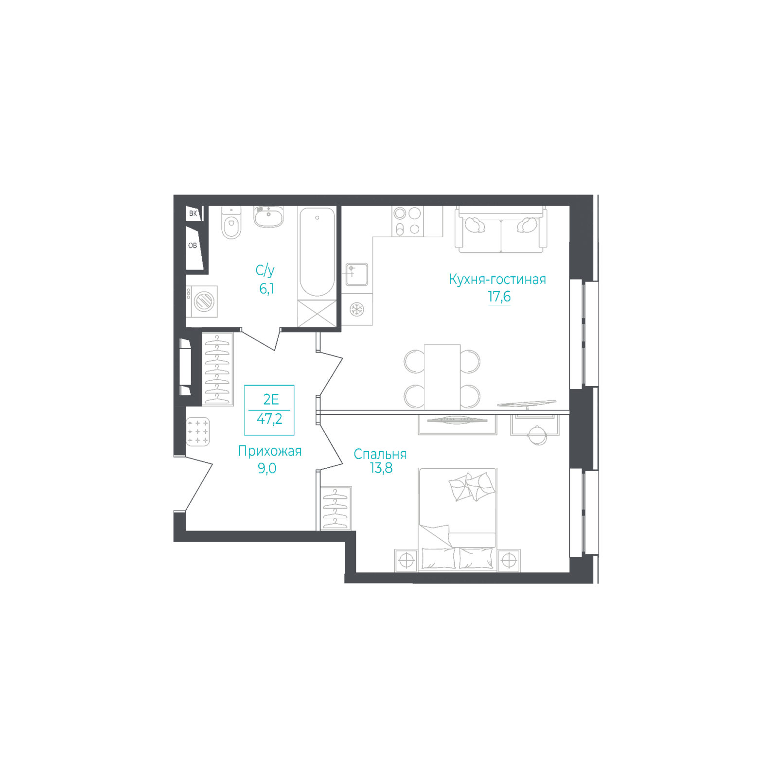 1 комн. квартира, 47.1 м², 10 этаж 
