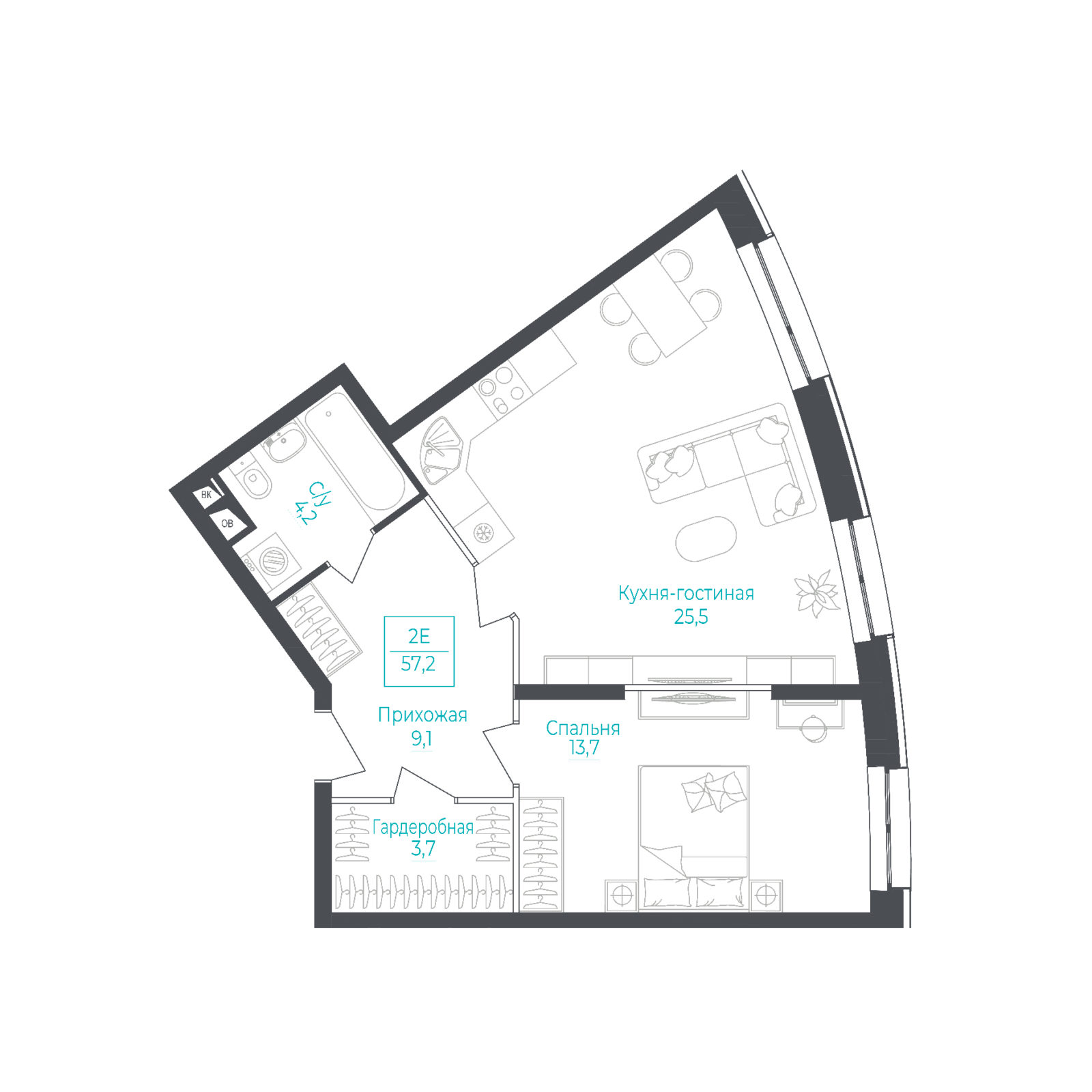 1 комн. квартира, 57.1 м², 10 этаж 