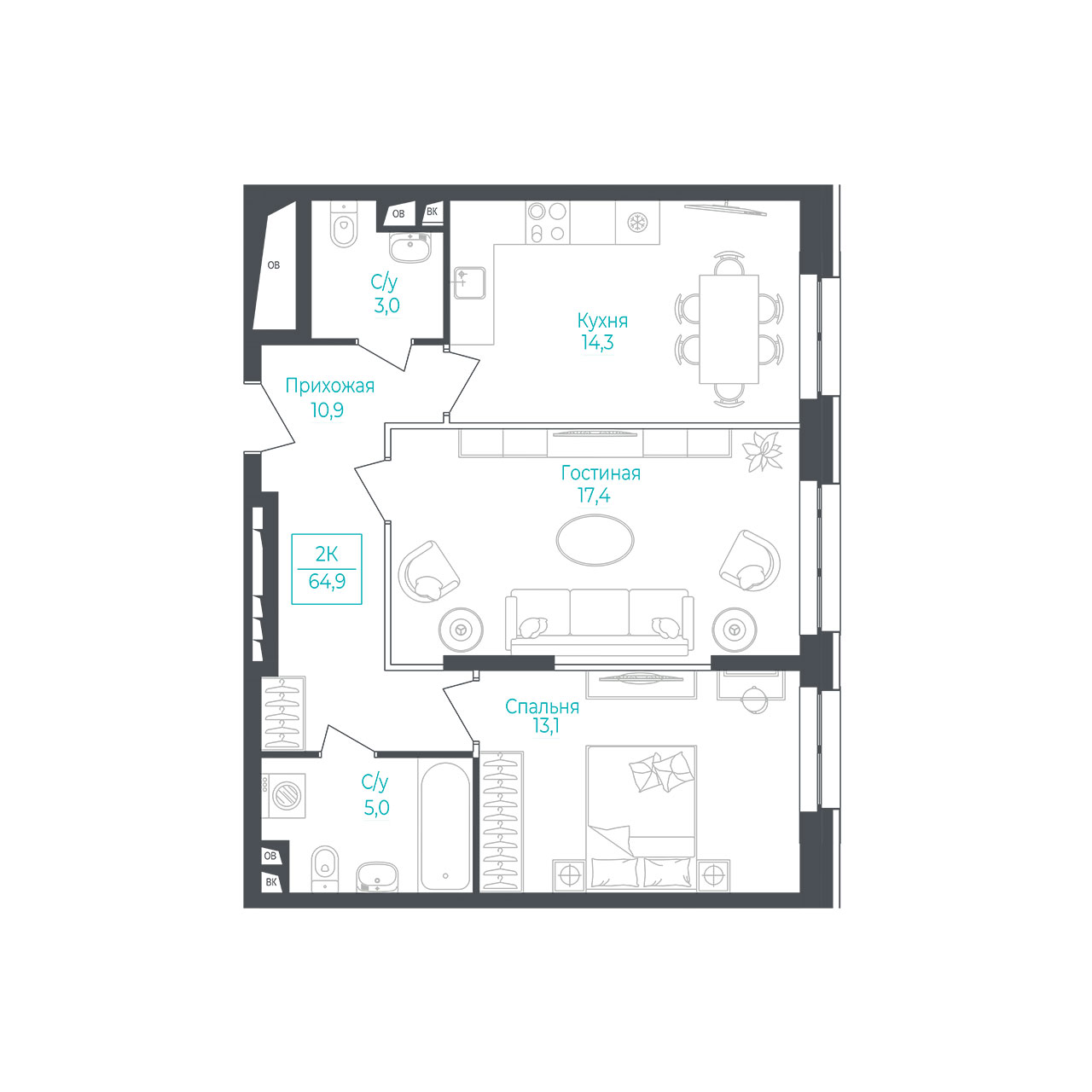 2 комн. квартира, 64.8 м², 10 этаж 