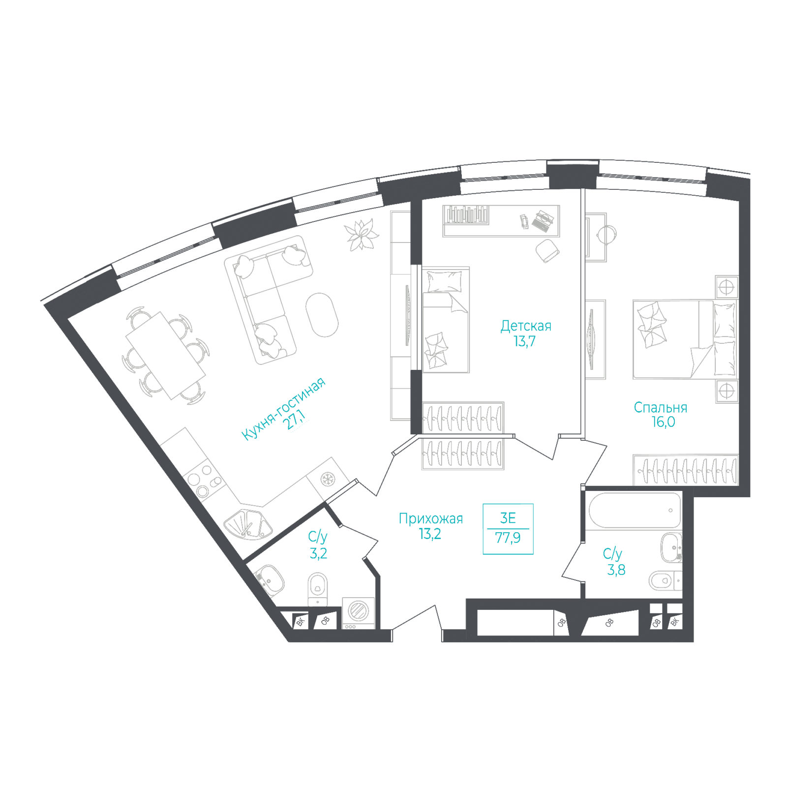 2 комн. квартира, 78 м², 8 этаж 