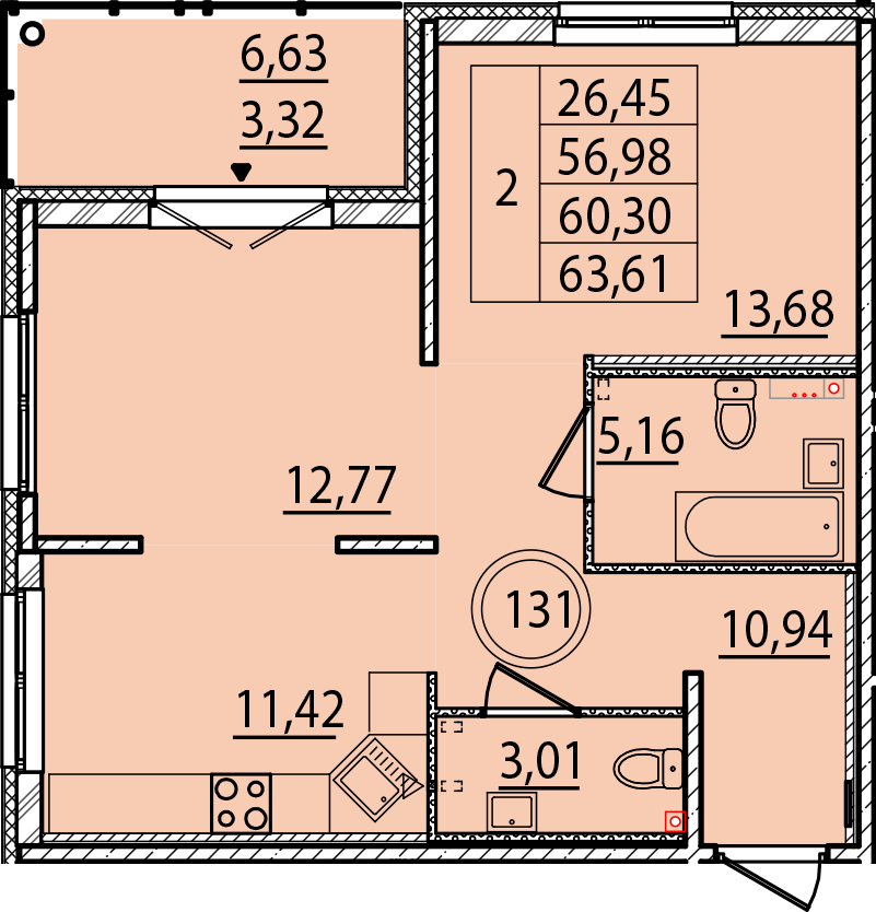 2 комн. квартира, 57 м², 1 этаж 