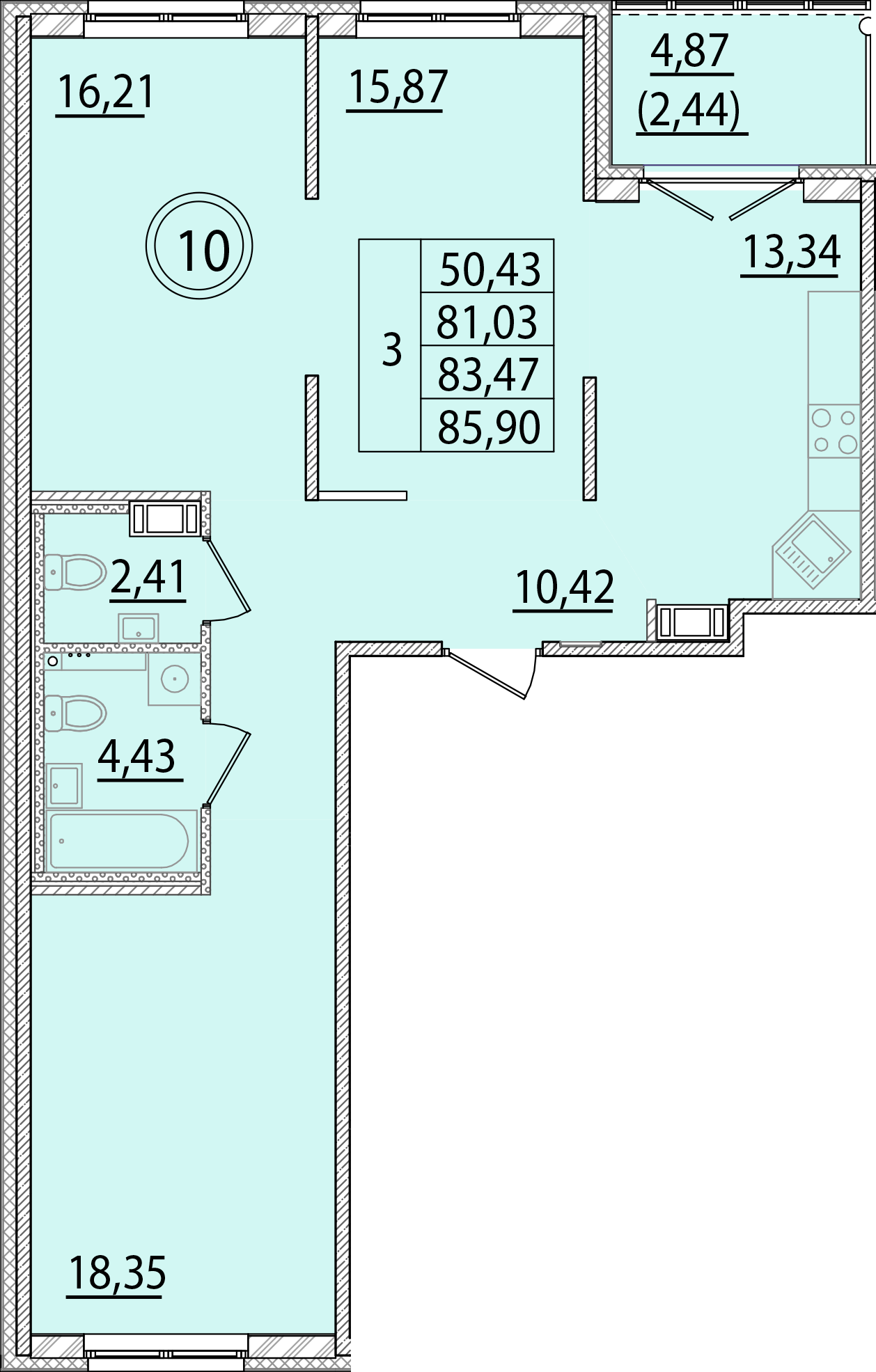 3 комн. квартира, 81 м², 4 этаж 