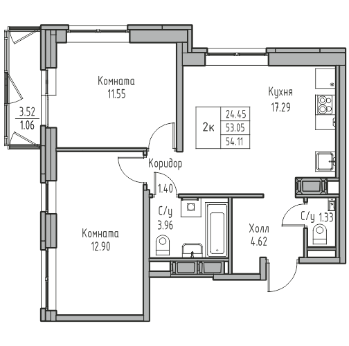 2 комн. квартира, 54.1 м², 16 этаж 