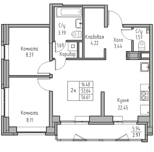 2 комн. квартира, 56.6 м², 4 этаж 