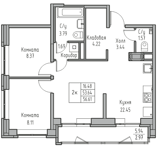 2 комн. квартира, 56.6 м², 12 этаж 