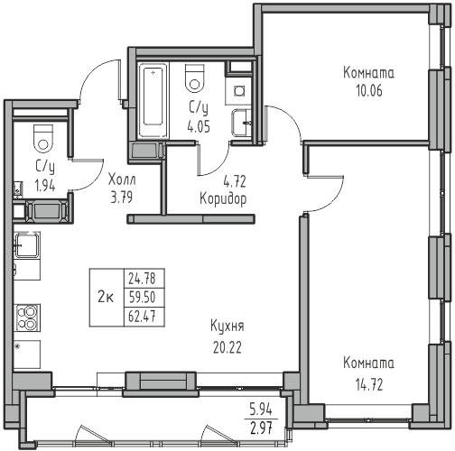 2 комн. квартира, 62.5 м², 12 этаж 