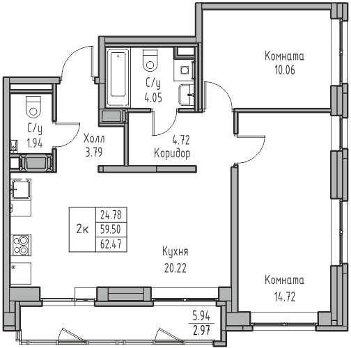 2 комн. квартира, 62.5 м², 16 этаж 