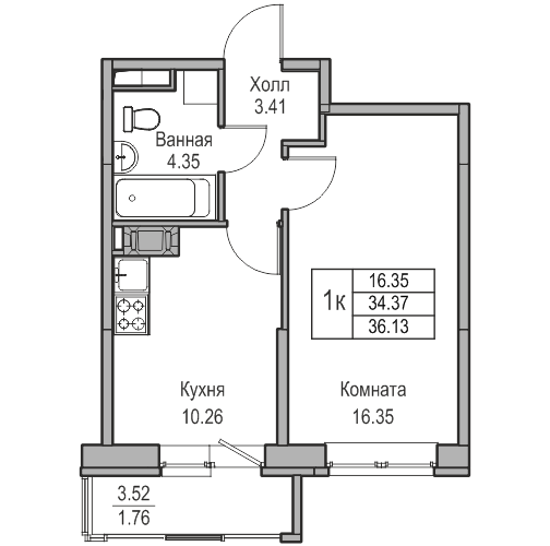 1 комн. квартира, 36.1 м², 21 этаж 