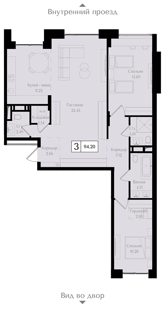 3 комн. квартира, 94.2 м², 4 этаж 