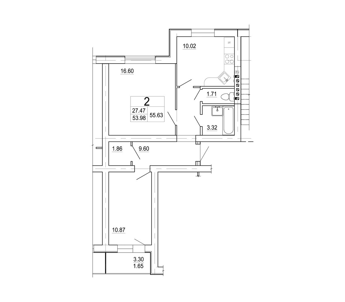 2 комн. квартира, 55.6 м², 3 этаж 
