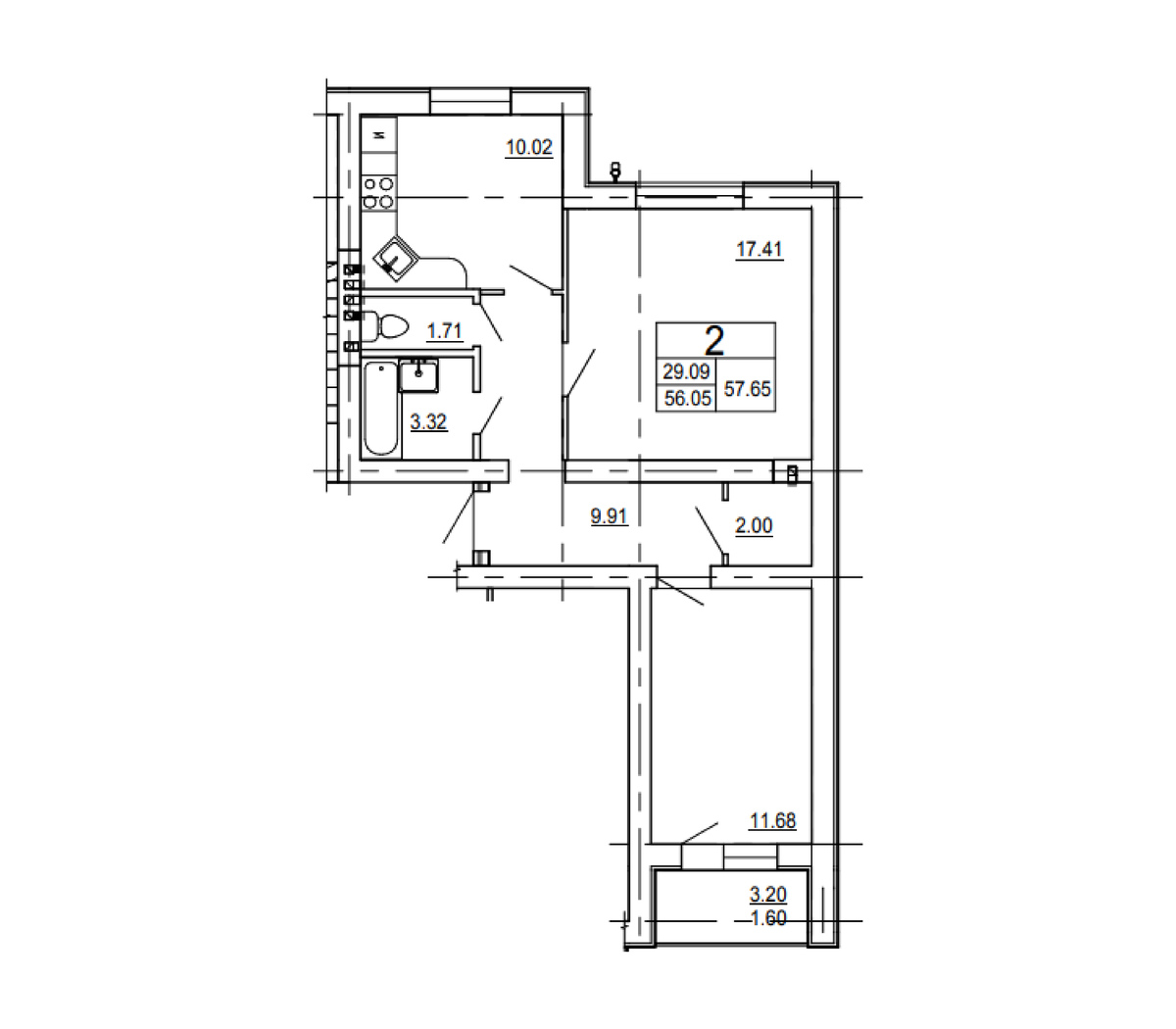 2 комн. квартира, 57.6 м², 2 этаж 