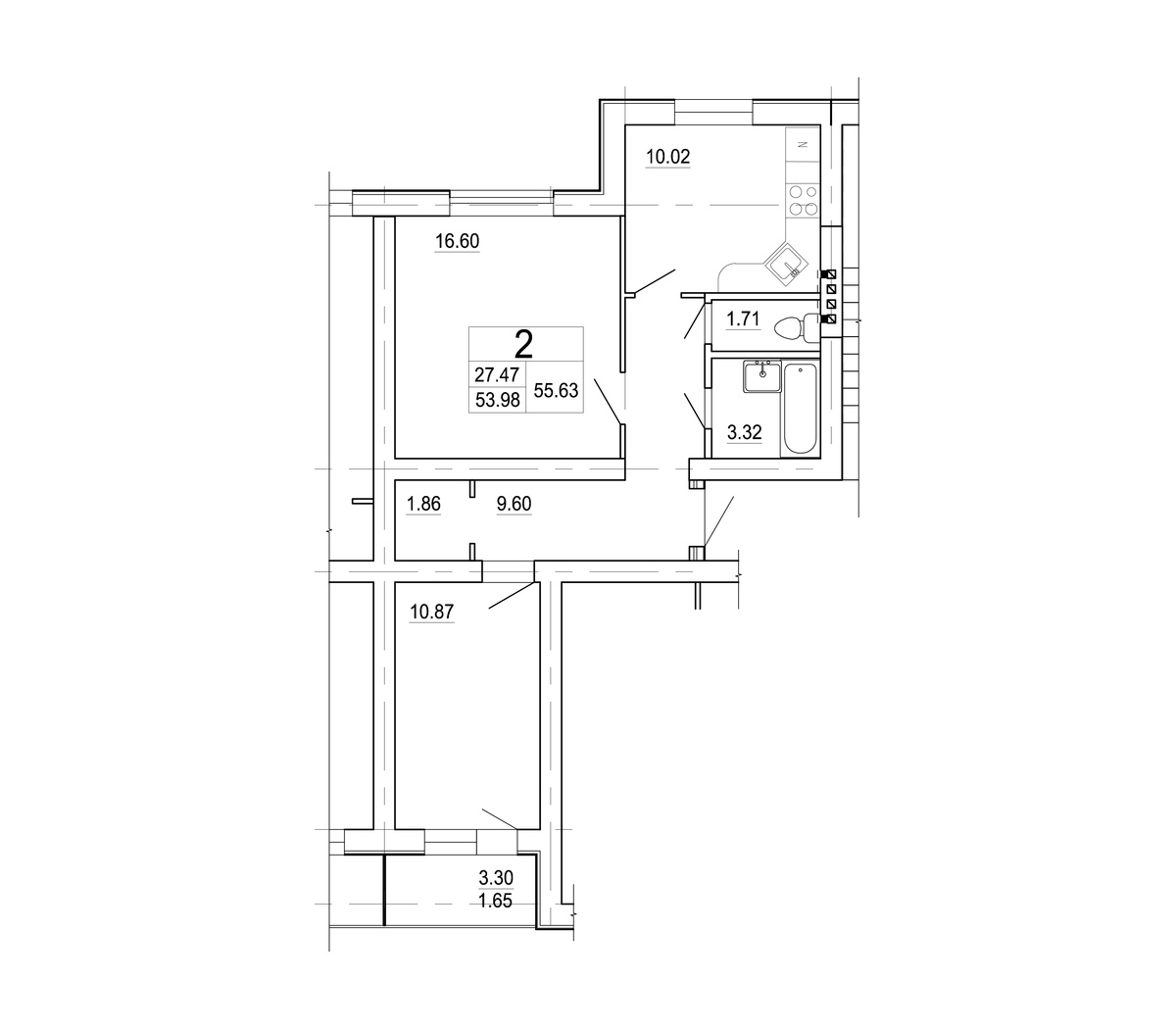 2 комн. квартира, 55.6 м², 2 этаж 