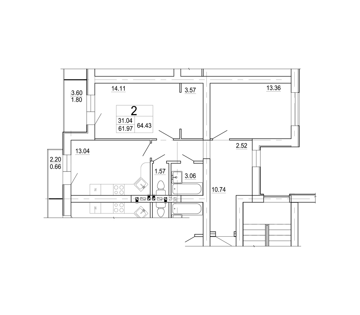 2 комн. квартира, 64.4 м², 3 этаж 