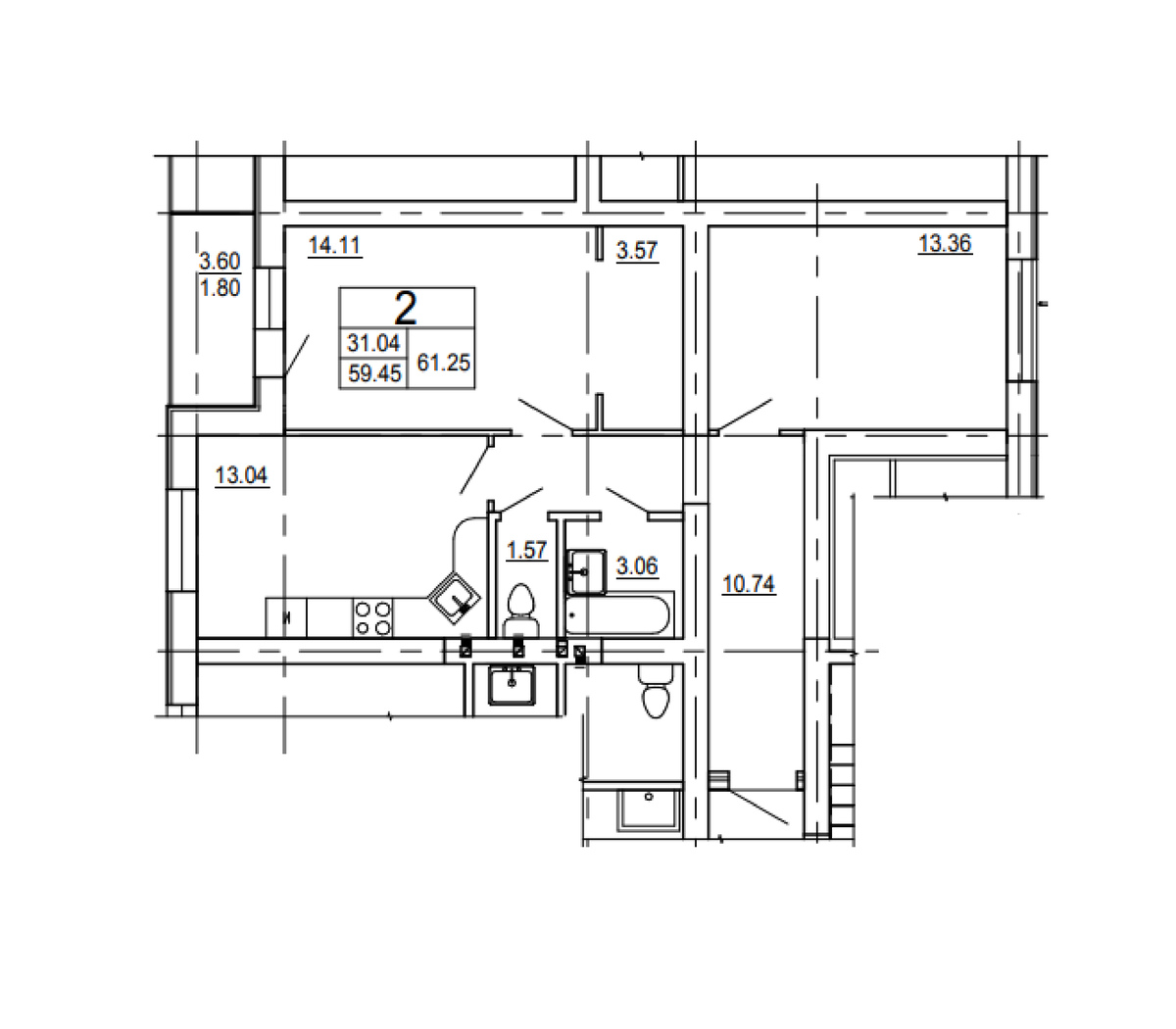 2 комн. квартира, 61.2 м², 1 этаж 