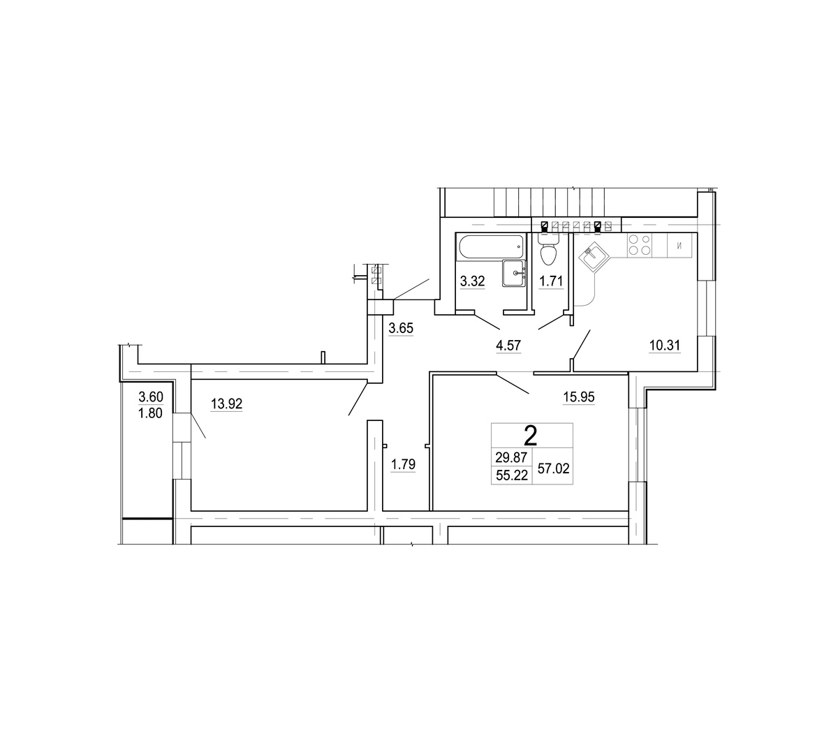 2 комн. квартира, 57 м², 3 этаж 