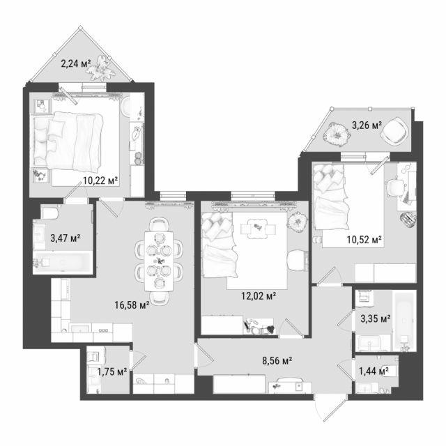 3 комн. квартира, 70.2 м², 18 этаж 