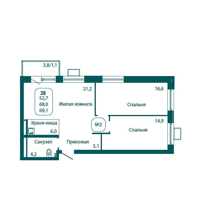 2 комн. квартира, 69.1 м², 8 этаж 