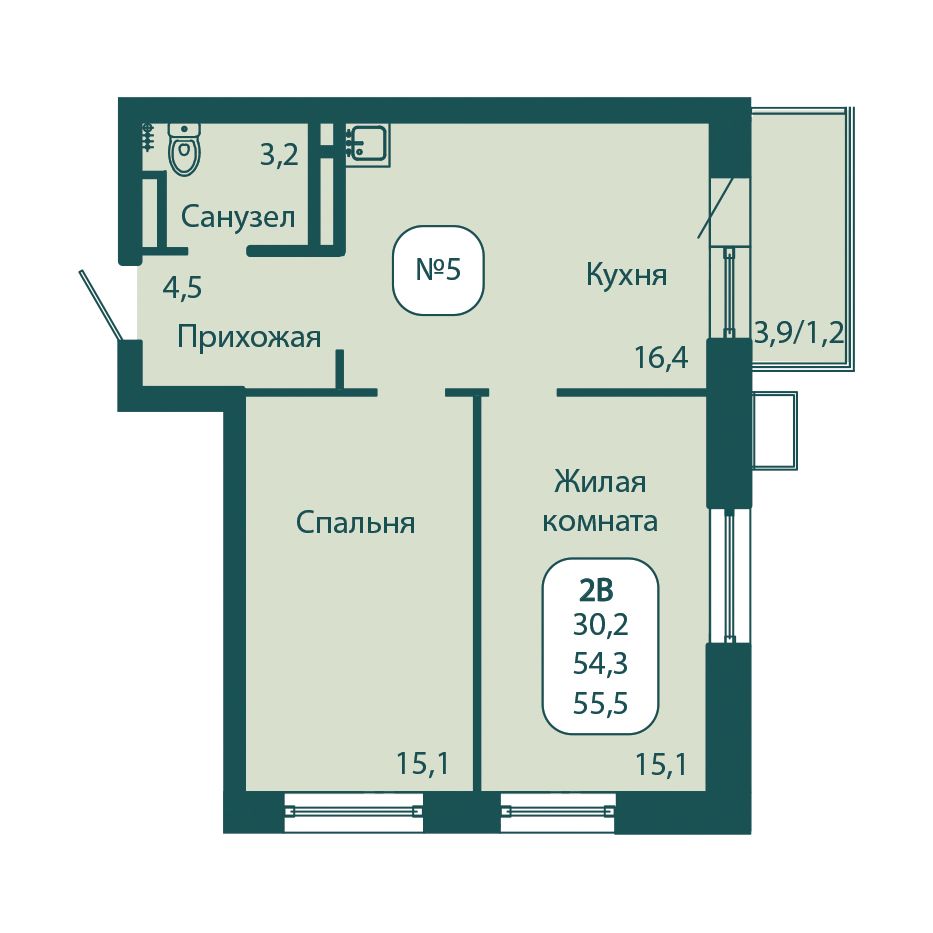 2 комн. квартира, 55.5 м², 12 этаж 