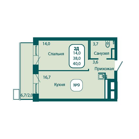 1 комн. квартира, 40 м², 16 этаж 