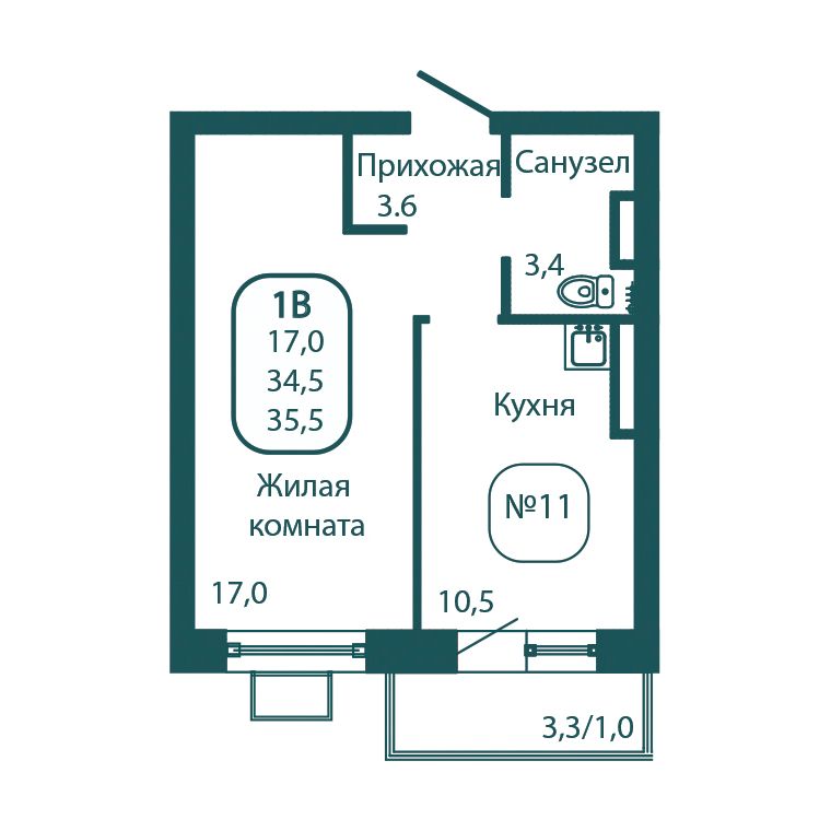 1 комн. квартира, 35.5 м², 15 этаж 