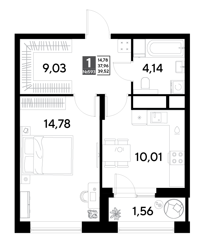1 комн. квартира, 39.5 м², 23 этаж 