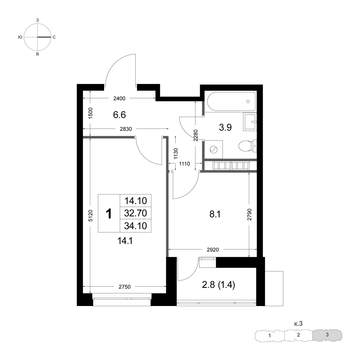 1 комн. квартира, 34.1 м², 4 этаж 