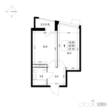 1 комн. квартира, 37.1 м², 5 этаж 