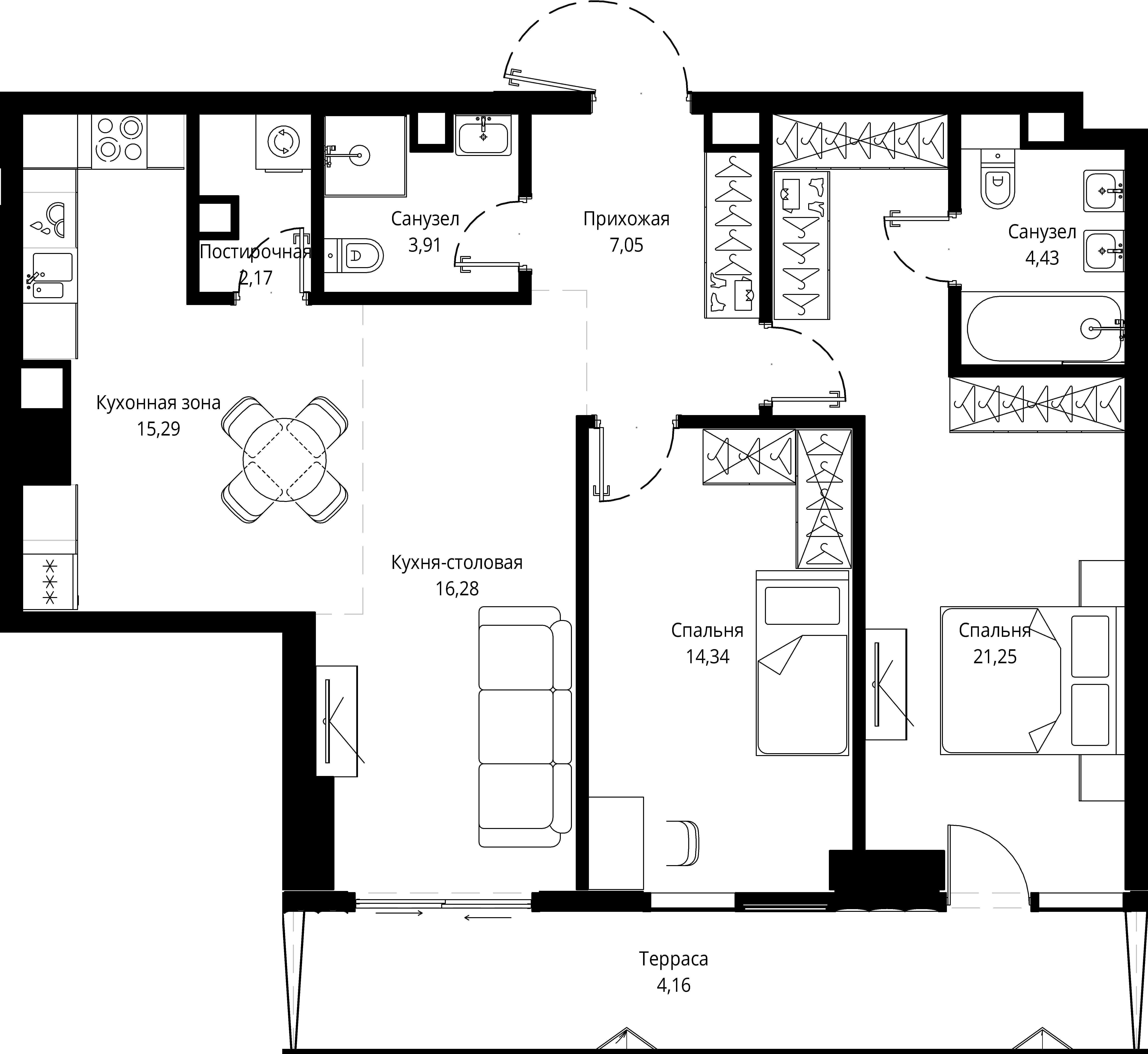 2 комн. квартира, 89.7 м², 6 этаж 