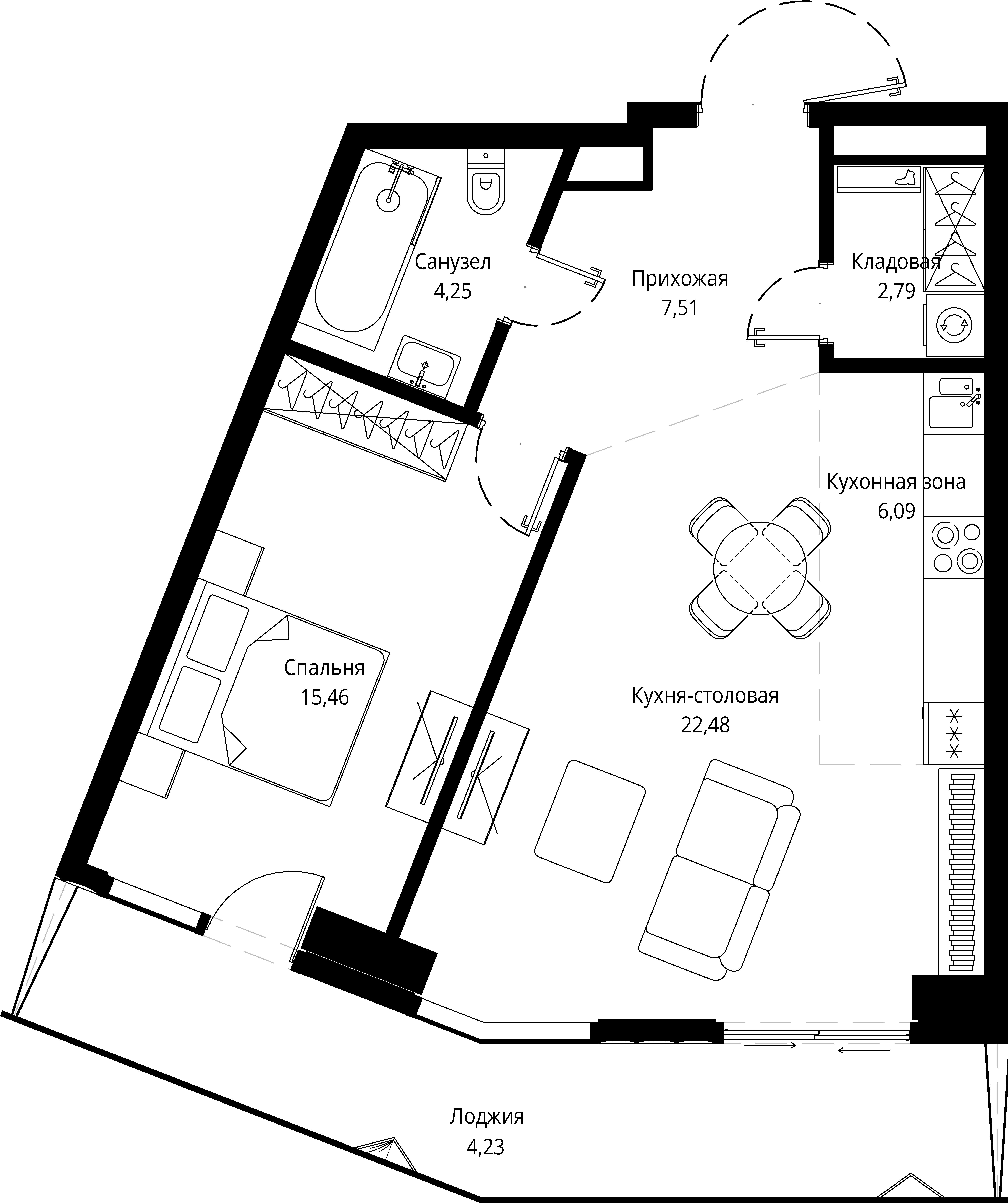 1 комн. квартира, 63.7 м², 6 этаж 