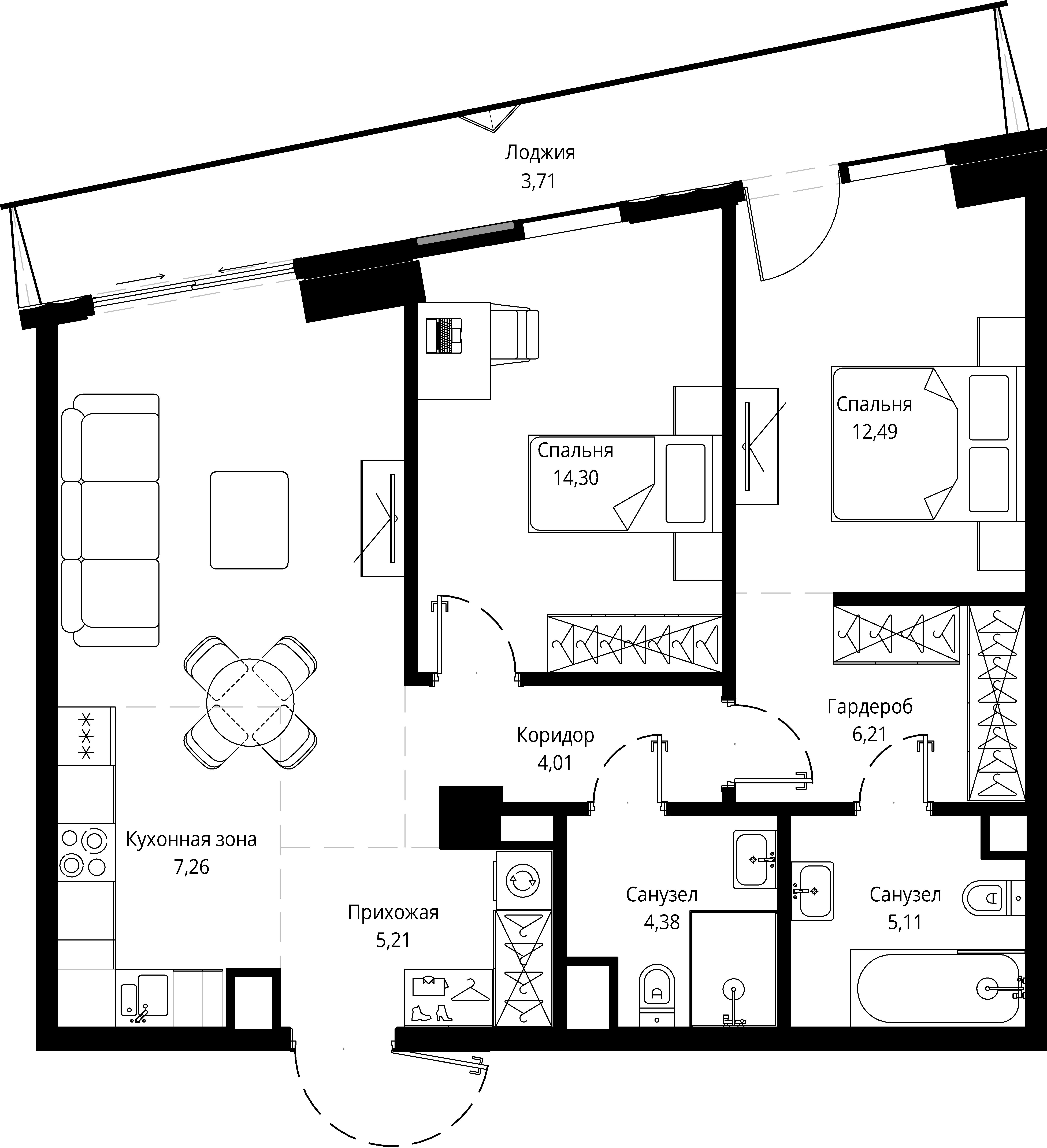 2 комн. квартира, 80.5 м², 6 этаж 