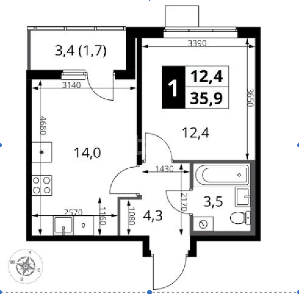 1 комн. квартира, 35.9 м², 13 этаж 