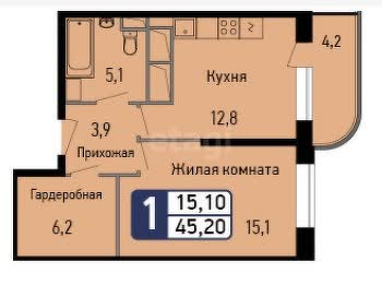 1 комн. квартира, 43.1 м², 21 этаж 
