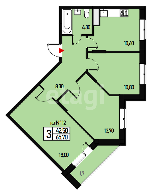 3 комн. квартира, 65.7 м², 2 этаж 