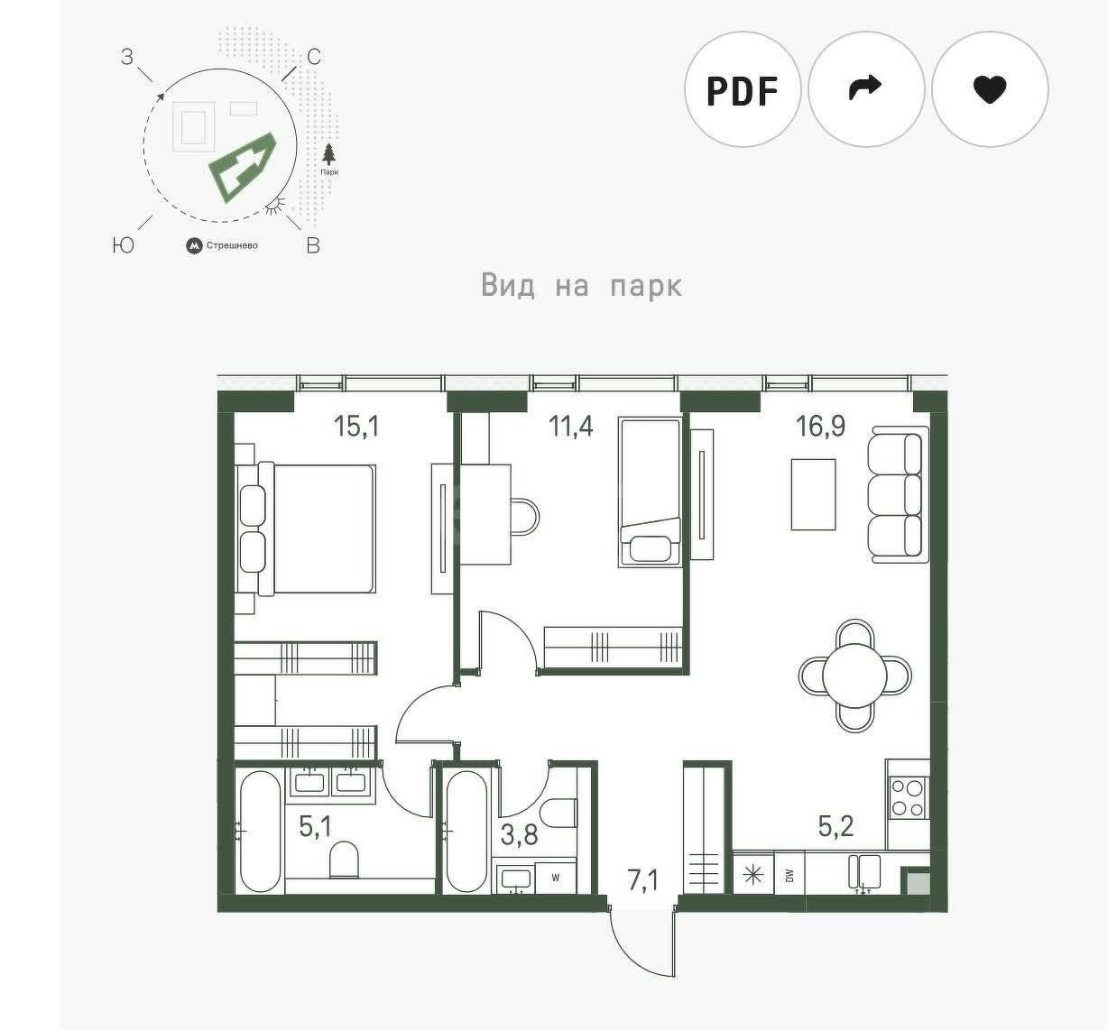 3 комн. квартира, 64.6 м², 14 этаж 
