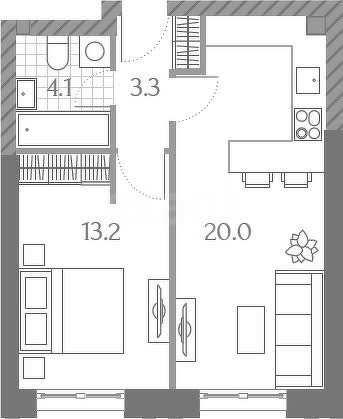 1 комн. квартира, 41 м², 13 этаж 