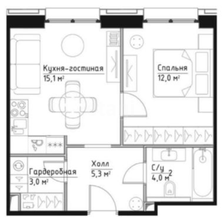 1 комн. квартира, 39.4 м², 2 этаж 