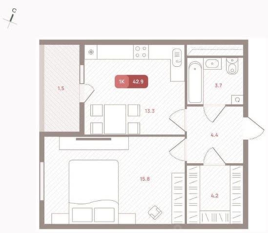 1 комн. квартира, 42.9 м², 4 этаж 