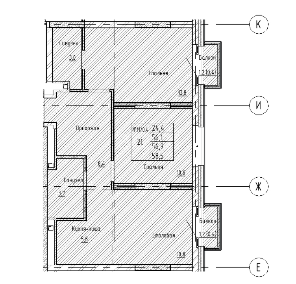 2 комн. квартира, 58.5 м², 10 этаж 