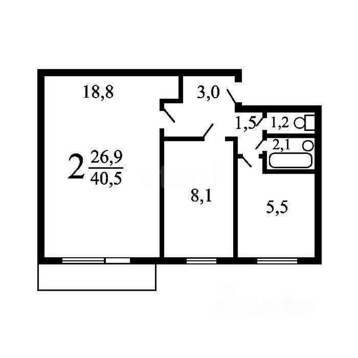 2 комн. квартира, 40.5 м², 3 этаж 
