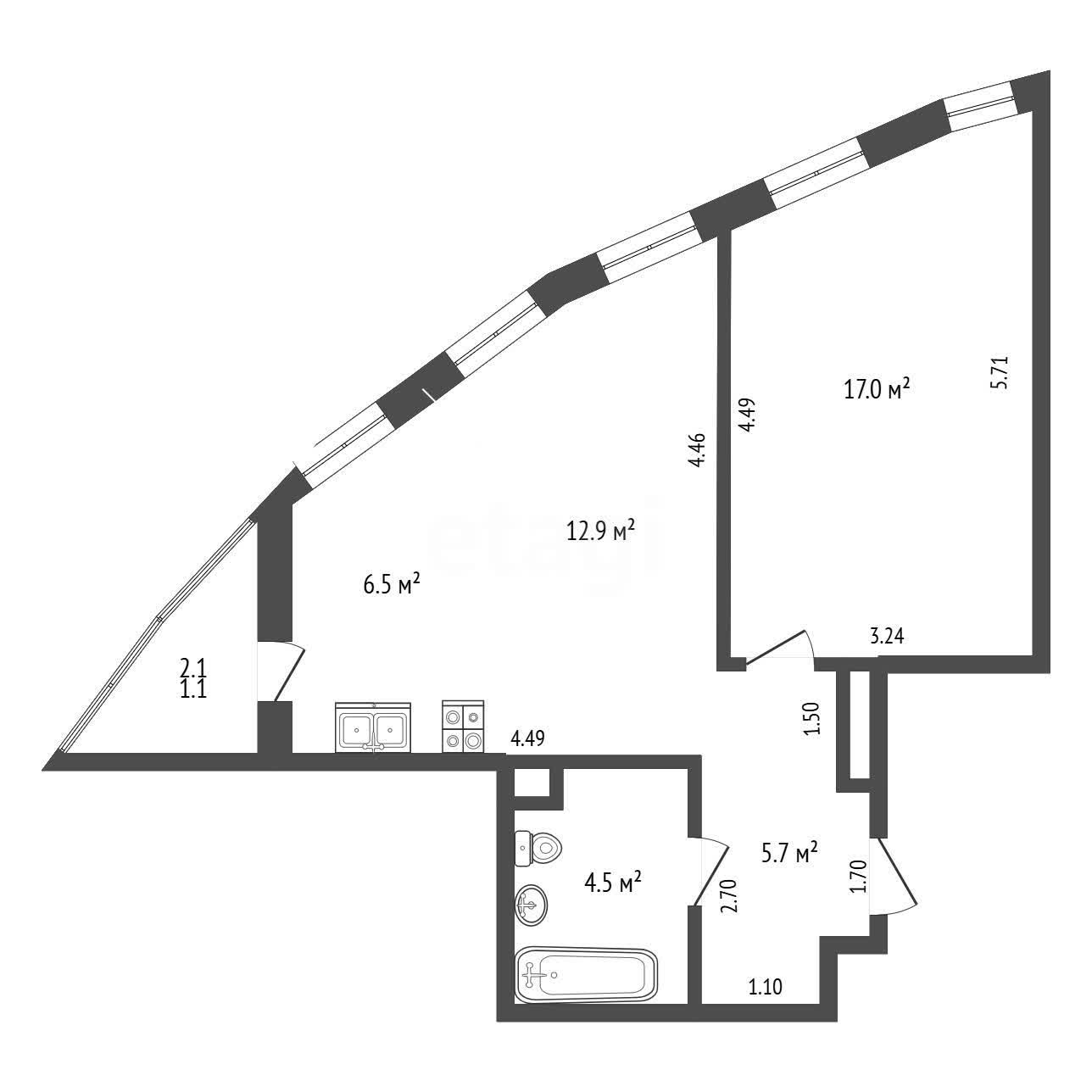 2 комн. квартира, 47.7 м², 12 этаж 