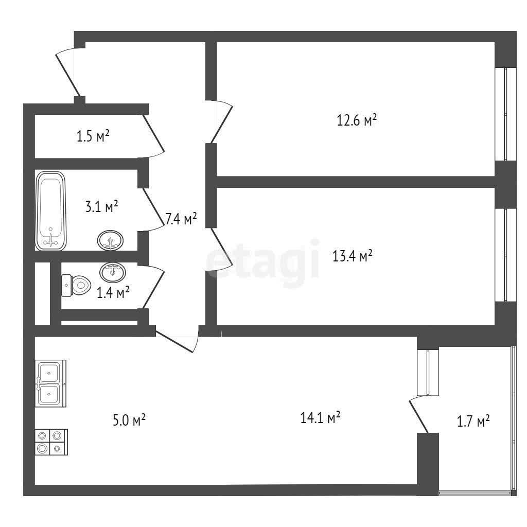 2 комн. квартира, 60.3 м², 17 этаж 