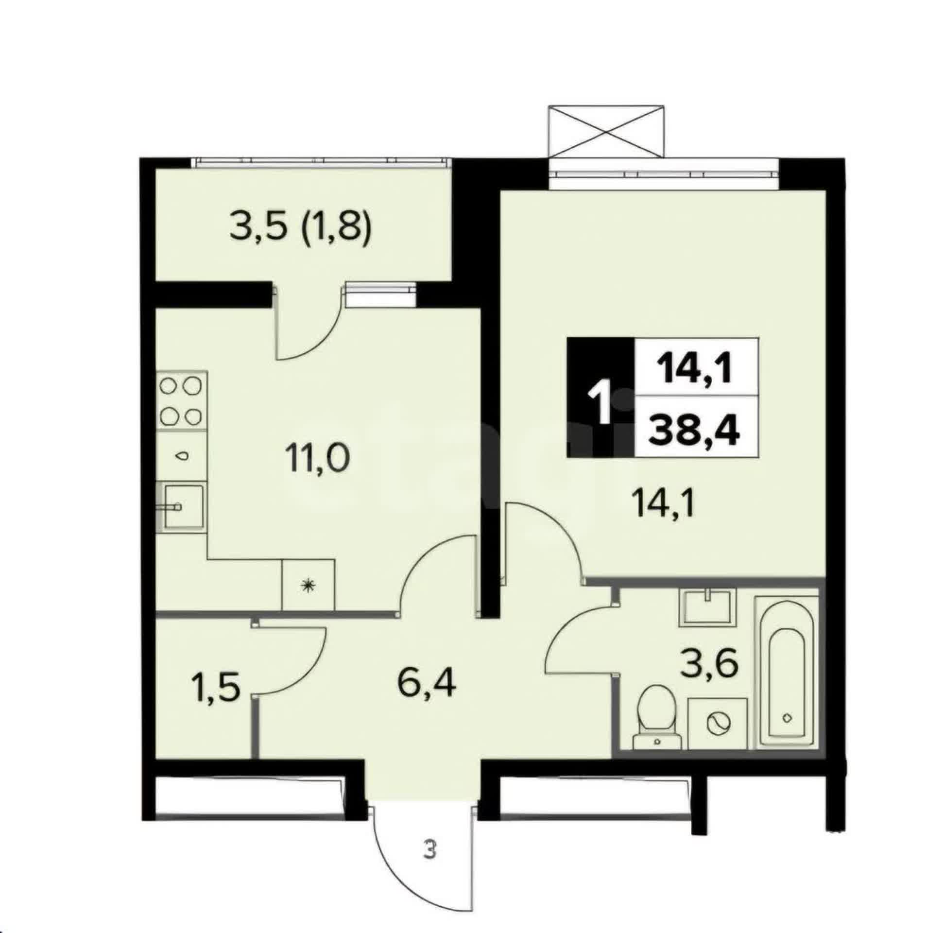 1 комн. квартира, 38.4 м², 17 этаж 
